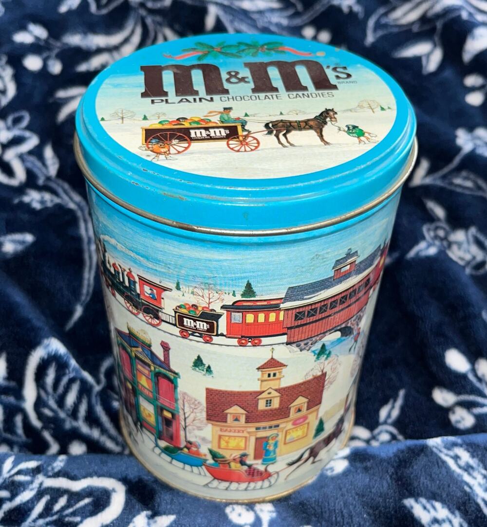 Vintage M&M's Plain Chocolate Candies Metal Tin Winter Village & Train Scene